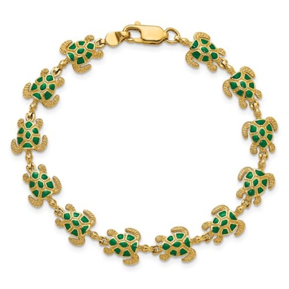 14k Yellow Gold Green Enamel Sea Turtle Charm Link Bracelet 7 Inches long ladies - Picture 1 of 4